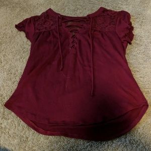 Burgundy Short Sleeved Cross Tie Shirt